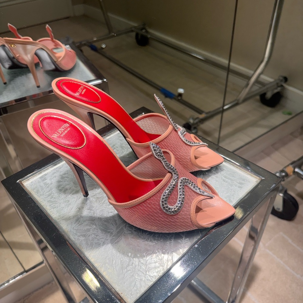 Valentino Coral Pink Crystal Snake Embellished Open-Toe Mules